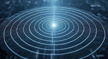 Abstract blue concentric circles emanating from a central point, representing waves, sound, or energy in a futuristic digital technology concept