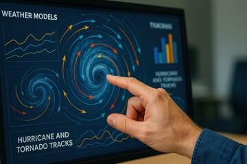 climate data visualization. A person analyzes weather data on a touchscreen, focusing on hurricane and tornado tracks and models.