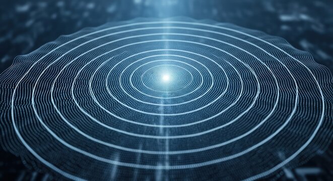 Abstract blue concentric circles emanating from a central point, representing waves, sound, or energy in a futuristic digital technology concept