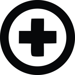 Bold black cross centered within a thick circular outline against a white background symbolizing health and medicine