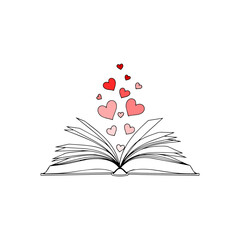 Open book with added love icon, illustration of book love in celebration of world book day