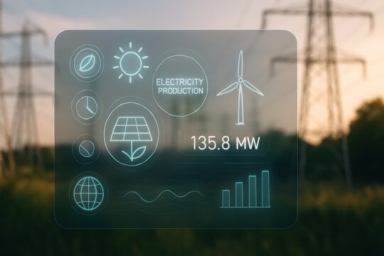 climate data visualization. Digital graphic showcasing renewable energy production metrics with wind and solar icons.