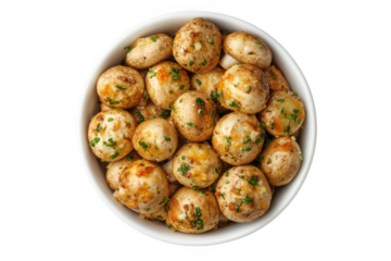 Bowl of sauteed mushrooms with herbs, delicious appetizer, gourmet food photography, culinary art, isolated on transparent background