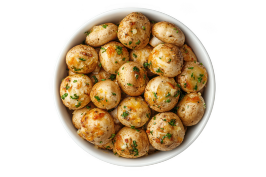 Bowl of sauteed mushrooms with herbs, delicious appetizer, gourmet food photography, culinary art, isolated on transparent background - Powered by Adobe
