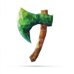 Low Poly Green Axe with Brown Wooden Handle on White