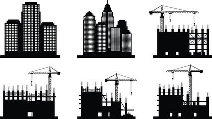 Fototapeta premium City skyscraper silhouettes and high-rise construction buildings with cranes, urban skyline development, black vector illustration of city architecture