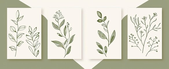 Green botanical prints, minimalist design, neutral background, wall art