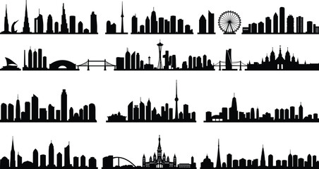Obraz premium City skyline silhouettes, famous landmarks, urban architecture, skyscrapers, bridges, towers, panoramic views, modern buildings, travel destinations, cityscape design, black and white