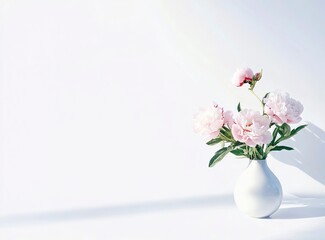 Obraz premium Beautiful pink peonies in a vase on a white background, in close-up. Soft pastel-colored flowers. Floral background for a wedding invitation card, birthday party, or Mother's Day banner design. Copy s