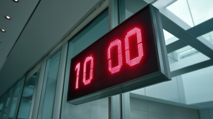 Digital wall clock showing 10 o’clock in modern glass office building interior, concept of time management schedule and punctuality  