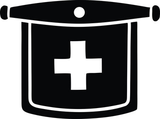 Black and white illustration of a medical bag or first aid kit with a prominent white cross symbolizing healthcare and emergency aid