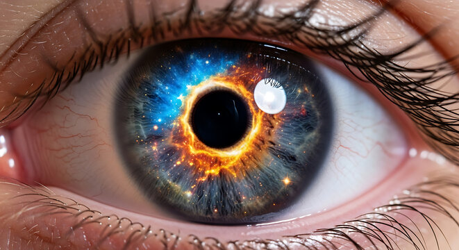 Ultra-realistic macro close-up of a human eye, iris resembling a colorful cosmic nebula with blue, orange, and golden explosions, tiny stars scattered, cinematic lighting