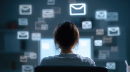 Woman at computer surrounded by floating email icons, concept of digital communication and information overload