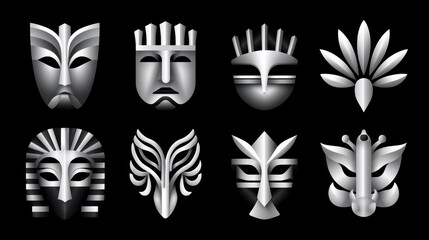 A collection of artistic silver masks on a black background, showcasing diverse designs.