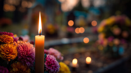Día de Todos los Santos, banner format with close-up of lit candle in sharp focus, soft bokeh of flowers and graves behind