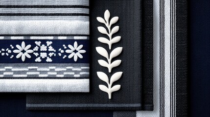 Textiles featuring intricate designs in black and white with floral motifs and elegant patterns.