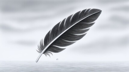 A black feather gracefully floats on a serene water surface.