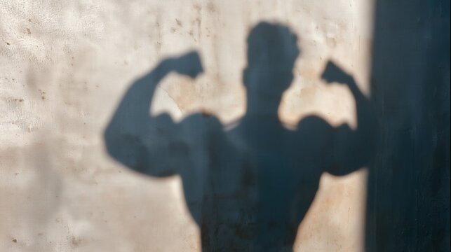 Shadow of muscular man flexing arms on wall, concept of strength and confidence - Powered by Adobe