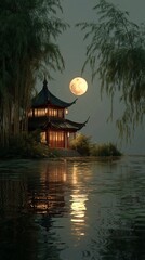 the moon with chinese pavilion at night