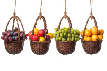 Hanging fruit baskets with grapes, apples, lemons, and oranges, fresh produce, healthy eating, vitamin rich diet, still life isolated on transparent background