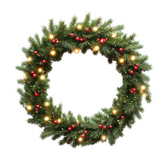 Festive christmas wreath with lights and red berries evergreen branches decoration holiday celebration xmas ornament isolated on transparent background
