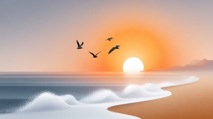 Serene sunset over the ocean with birds flying in the sky.