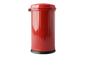 Red metal trash can waste bin garbage container home office kitchen dustbin rubbish bin with lid isolated on transparent background