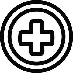 Simple black and white icon of a medical cross symbol enclosed within concentric circles representing health and care