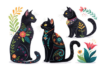 set of watercolor Black Cat vector illustration isolated on white 