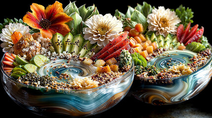 Colorful fruit and vegetable bowls displayed with artistic arrangement in a vibrant setting during daylight hours