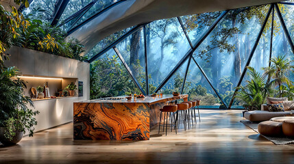 Modern kitchen with large windows revealing lush forest scenery and natural light in a stylish contemporary home