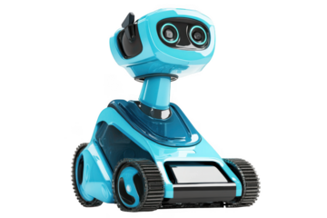 Detailed 3d rendering of a blue toy robot with tracks, futuristic design concept, technology, and ai robot isolated on transparent background