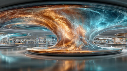 Stunning futuristic swirl of vibrant colors in a modern space interior showcasing advanced design elements