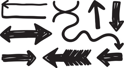 Various handdrawn arrow shapes and symbols isolated on white background