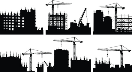 Obraz premium Construction site silhouettes with multiple tower cranes, building framework, urban development, industrial construction progress, heavy machinery, architecture, black and white images