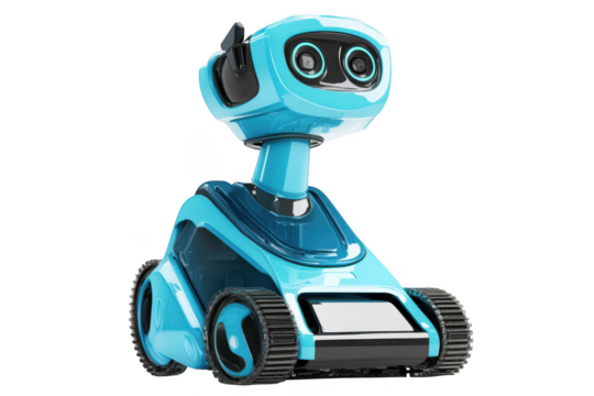 Detailed 3d rendering of a blue toy robot with tracks, futuristic design concept, technology, and ai robot isolated on transparent background