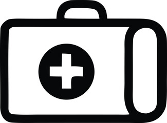 Simple black and white icon of a medical first aid kit with a white cross symbol on a black oval background