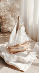 Wooden sailboat toy on light fabric