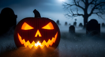 A glowing jack-o'-lantern with a sinister face in a spooky, foggy graveyard at night.