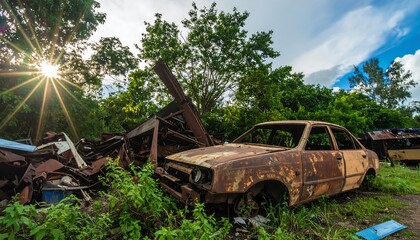 Rusted car amidst scrap metal in a sunlit clearing.