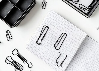 Fototapeta premium Black paper clips on the grid notebook, white background. Top-view photograph of black clips and a box with stationery office supplies. High-resolution photography. 