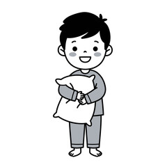 Adorable cartoon boy in grey pajamas smiling while standing and hugging a soft white pillow.