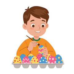 Boy painting Easter eggs with brush colorful festive happy.