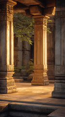 Fototapeta premium Ancient Temple Ruins with Stone Columns and Nature Integration in a Mystical Setting Highlighting the Architectural Detail and Cultural Heritage 