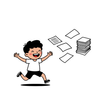 Carefree cartoon boy with open arms running joyfully from a stack of papers.