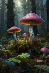 Fototapeta premium Fungal growth with pink caps in a forest.