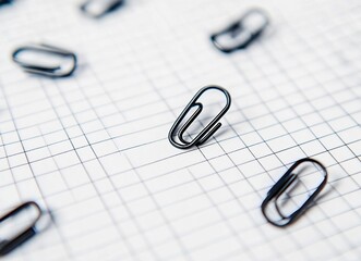 Fototapeta premium Black paper clips on the white grid notebook, a stationery background with blank copy space for text or message. Stock photo contest winner, stock photograph, photography, stock image. 