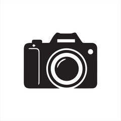 Black camera icon isolated on white background. Minimalist flat design vector symbol suitable for photography, media, photo studio, creative apps, and graphic design projects