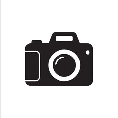 Black camera icon isolated on white background. Minimalist flat design vector symbol suitable for photography, media, photo studio, creative apps, and graphic design projects