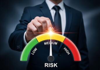 Businessperson adjusts risk meter indicating medium risk level with glowing indicator